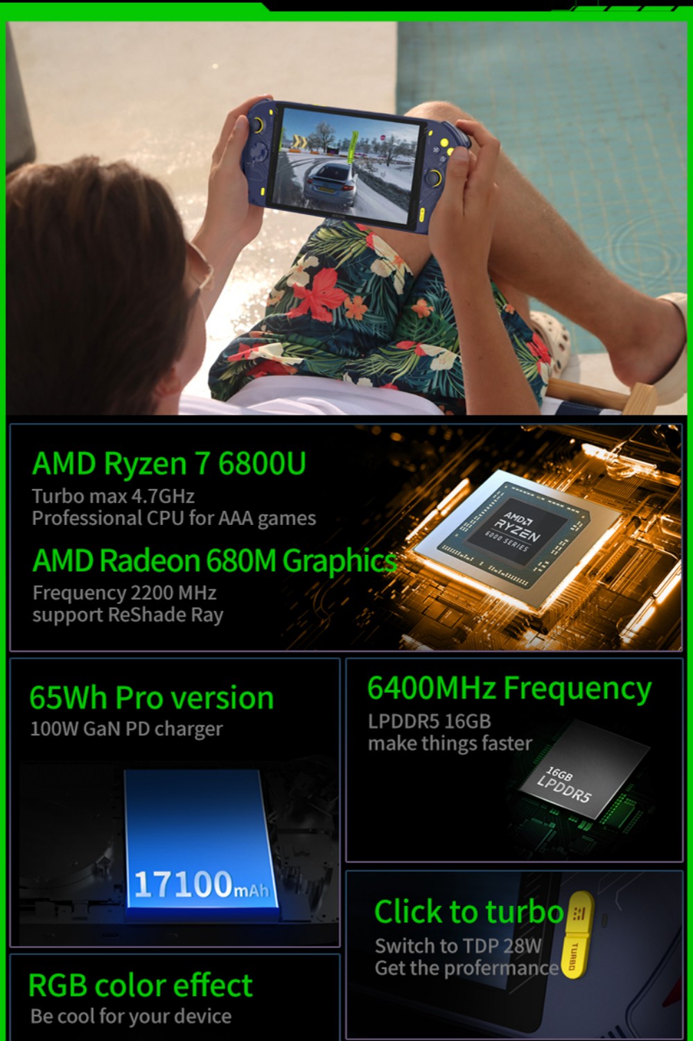 AOKZOE – Console de jeu portable A1, 8 pouces, ordinateur portable, AMD Ryzen 7 6800U, Mini PC de jeu, DDR5, 32 go, 2 to de SSD, wi-fi 6, écran tactile