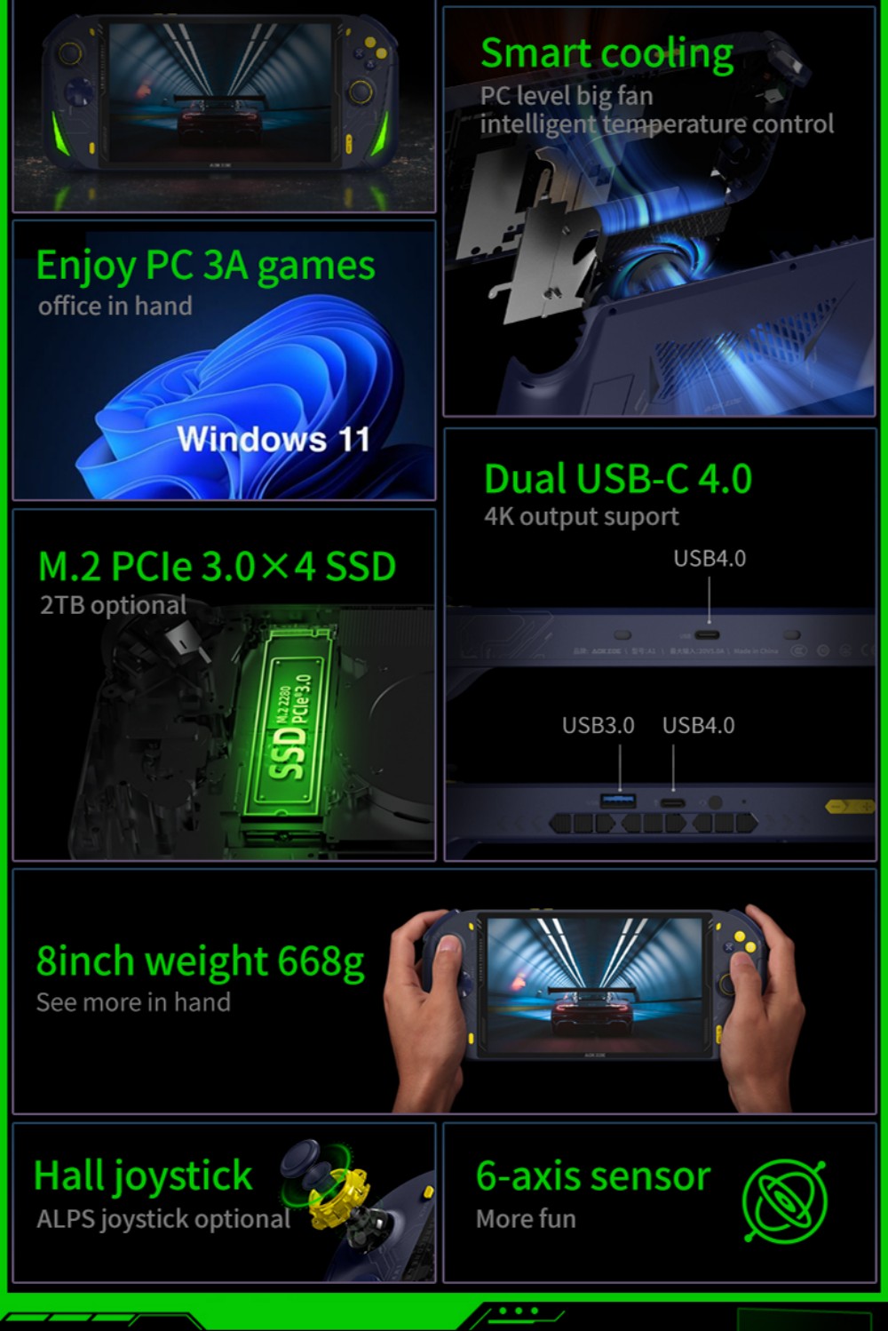 AOKZOE – Console de jeu portable A1, 8 pouces, ordinateur portable, AMD Ryzen 7 6800U, Mini PC de jeu, DDR5, 32 go, 2 to de SSD, wi-fi 6, écran tactile