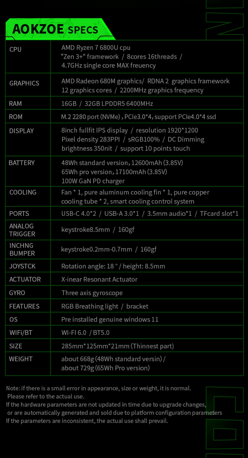 AOKZOE – Console de jeu portable A1, 8 pouces, ordinateur portable, AMD Ryzen 7 6800U, Mini PC de jeu, DDR5, 32 go, 2 to de SSD, wi-fi 6, écran tactile