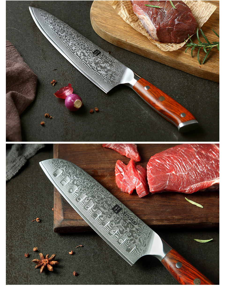 XINZUO – Couteaux de Cuisine Japonais, Forgé et Damassé, en Acier Inoxydable, de Chef ou Santoku, Manche en Bois de Rose, Ensemble, 1 ou 3 Pièces