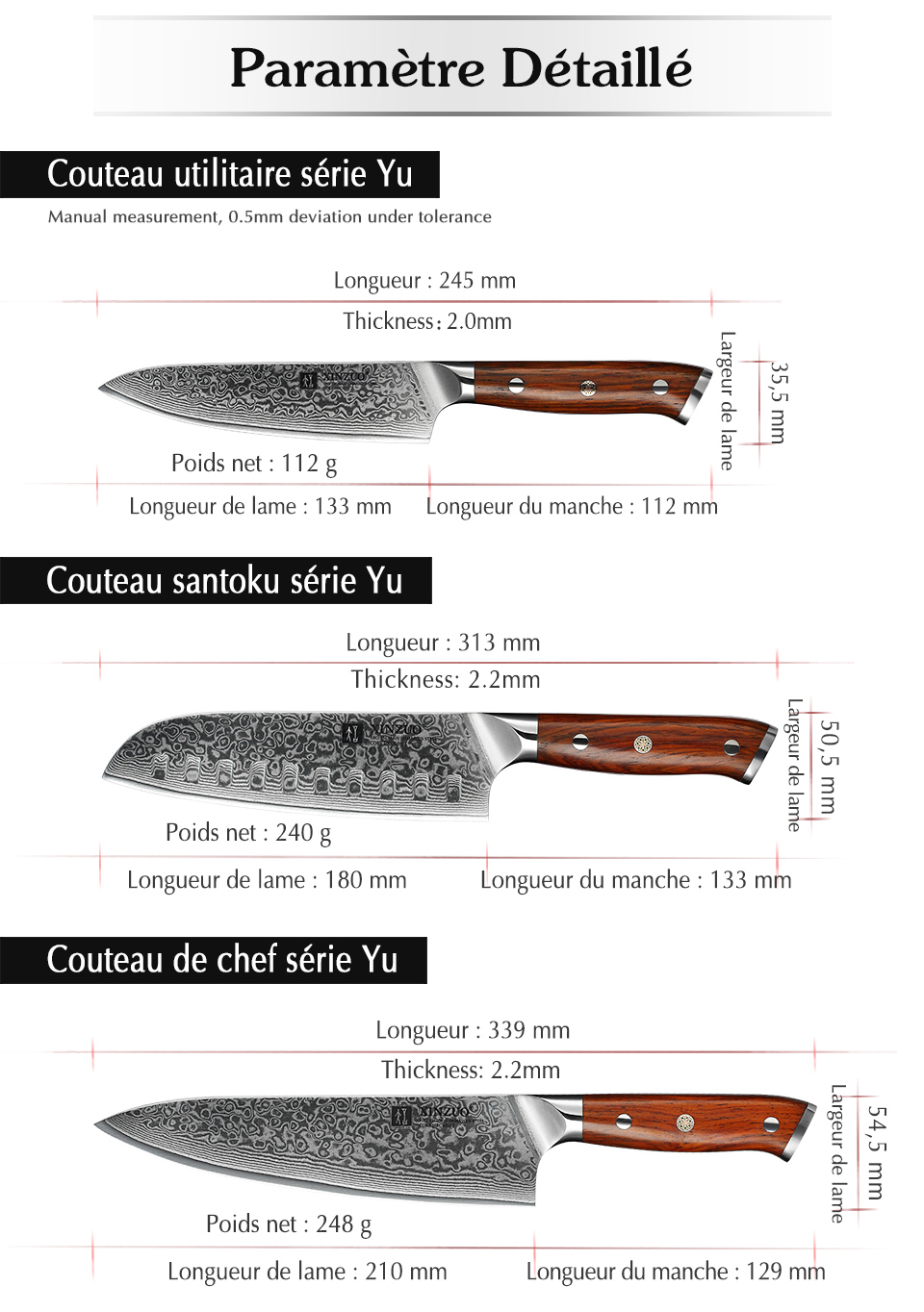 XINZUO – Couteaux de Cuisine Japonais, Forgé et Damassé, en Acier Inoxydable, de Chef ou Santoku, Manche en Bois de Rose, Ensemble, 1 ou 3 Pièces