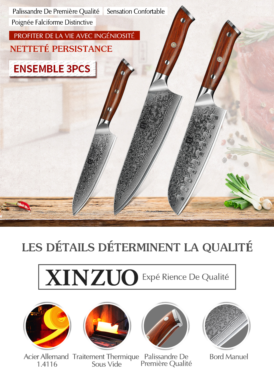 XINZUO – Couteaux de Cuisine Japonais, Forgé et Damassé, en Acier Inoxydable, de Chef ou Santoku, Manche en Bois de Rose, Ensemble, 1 ou 3 Pièces