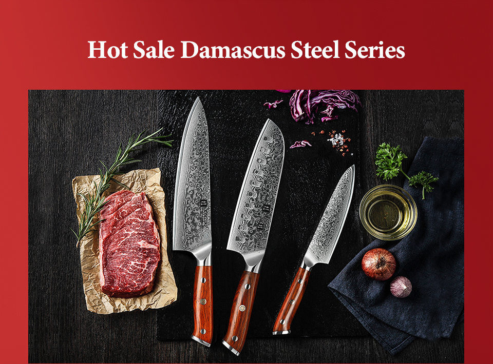 XINZUO – Couteaux de Cuisine Japonais, Forgé et Damassé, en Acier Inoxydable, de Chef ou Santoku, Manche en Bois de Rose, Ensemble, 1 ou 3 Pièces