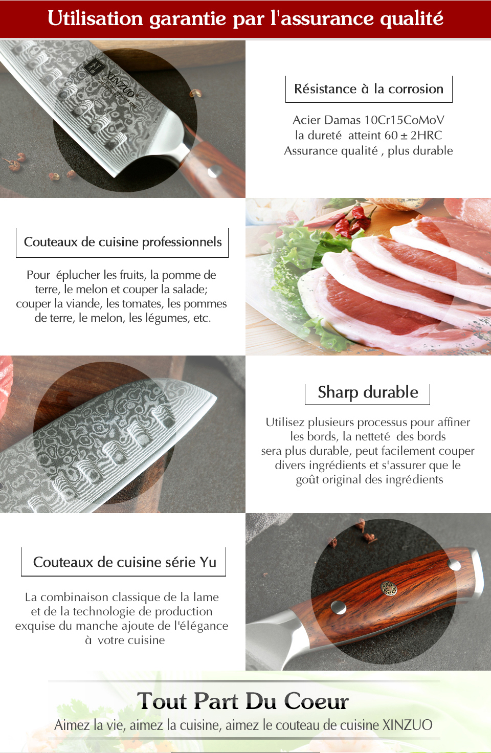 XINZUO – Couteaux de Cuisine Japonais, Forgé et Damassé, en Acier Inoxydable, de Chef ou Santoku, Manche en Bois de Rose, Ensemble, 1 ou 3 Pièces