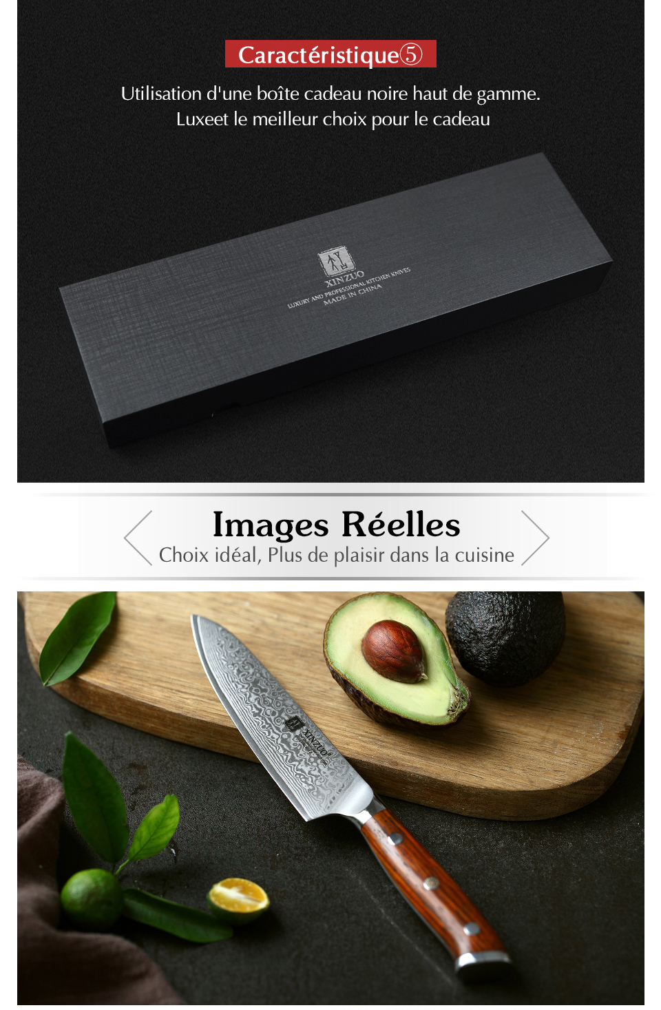 XINZUO – Couteaux de Cuisine Japonais, Forgé et Damassé, en Acier Inoxydable, de Chef ou Santoku, Manche en Bois de Rose, Ensemble, 1 ou 3 Pièces
