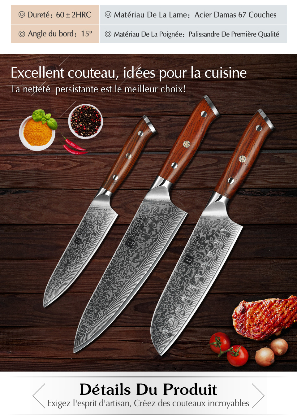 XINZUO – Couteaux de Cuisine Japonais, Forgé et Damassé, en Acier Inoxydable, de Chef ou Santoku, Manche en Bois de Rose, Ensemble, 1 ou 3 Pièces