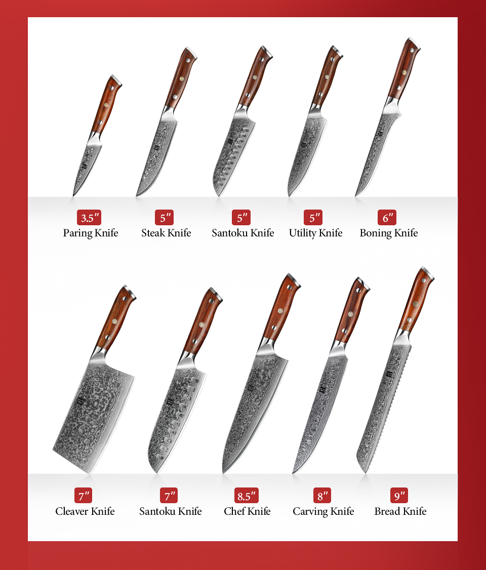 XINZUO – Couteaux de Cuisine Japonais, Forgé et Damassé, en Acier Inoxydable, de Chef ou Santoku, Manche en Bois de Rose, Ensemble, 1 ou 3 Pièces