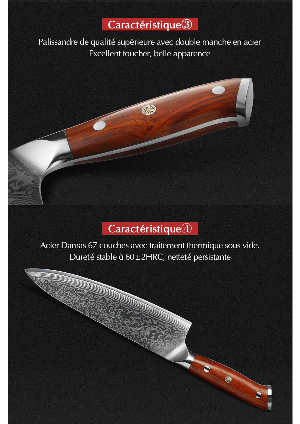 XINZUO – Couteaux de Cuisine Japonais, Forgé et Damassé, en Acier Inoxydable, de Chef ou Santoku, Manche en Bois de Rose, Ensemble, 1 ou 3 Pièces