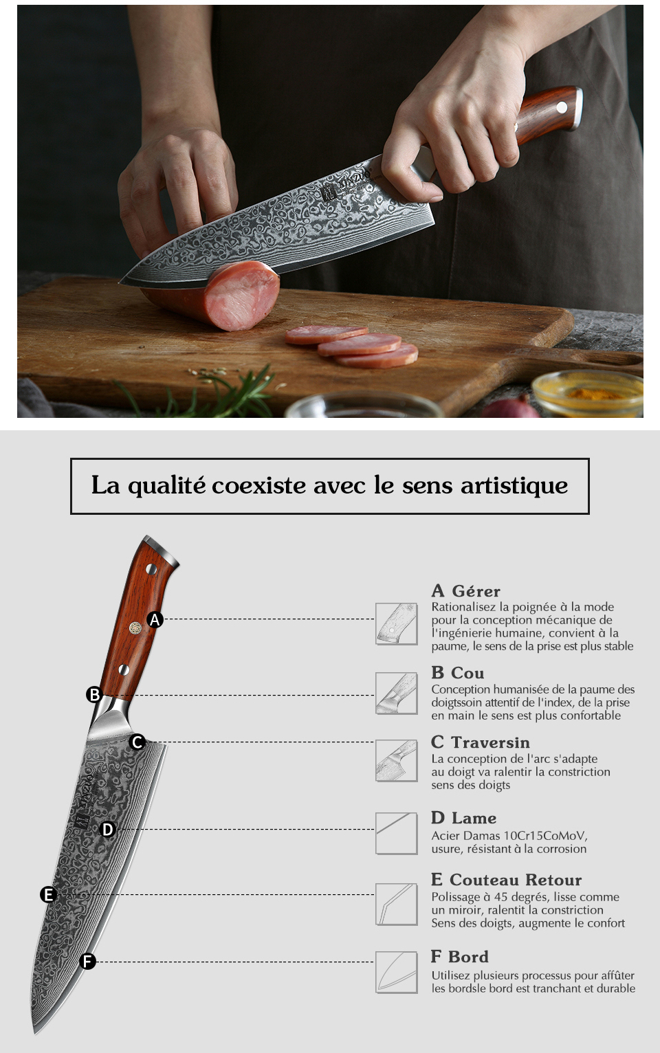 XINZUO – Couteaux de Cuisine Japonais, Forgé et Damassé, en Acier Inoxydable, de Chef ou Santoku, Manche en Bois de Rose, Ensemble, 1 ou 3 Pièces