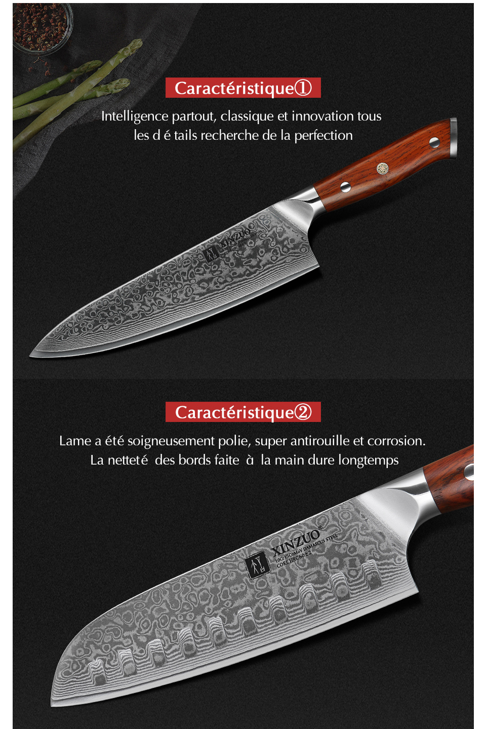 XINZUO – Couteaux de Cuisine Japonais, Forgé et Damassé, en Acier Inoxydable, de Chef ou Santoku, Manche en Bois de Rose, Ensemble, 1 ou 3 Pièces