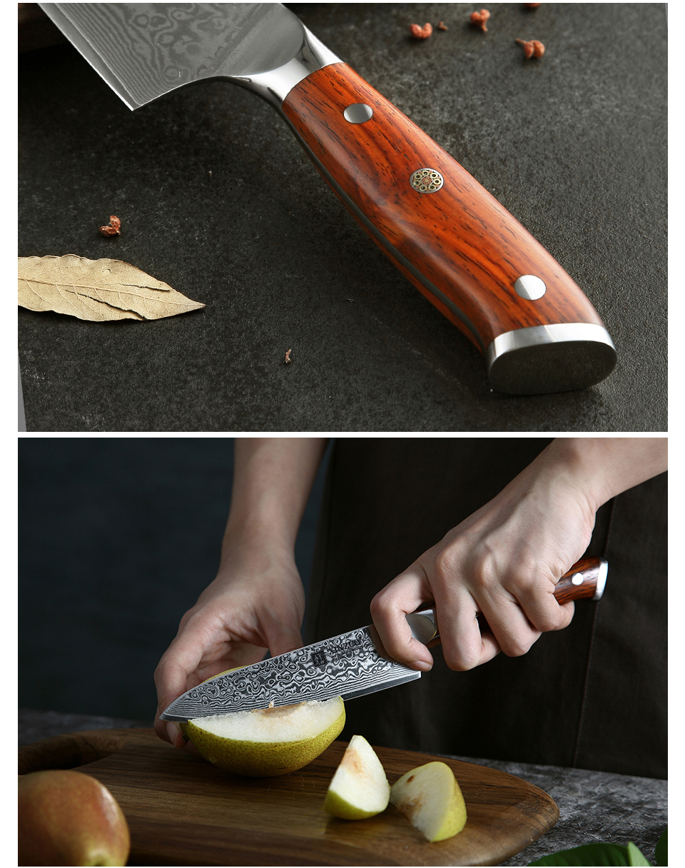 XINZUO – Couteaux de Cuisine Japonais, Forgé et Damassé, en Acier Inoxydable, de Chef ou Santoku, Manche en Bois de Rose, Ensemble, 1 ou 3 Pièces