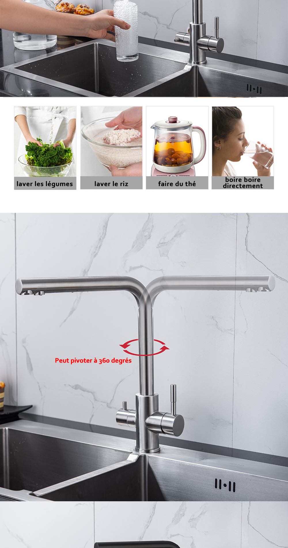 DQOK – robinet de Purification d'eau filtrée, robinet de cuisine à double poignée, robinet d'évier de cuisine