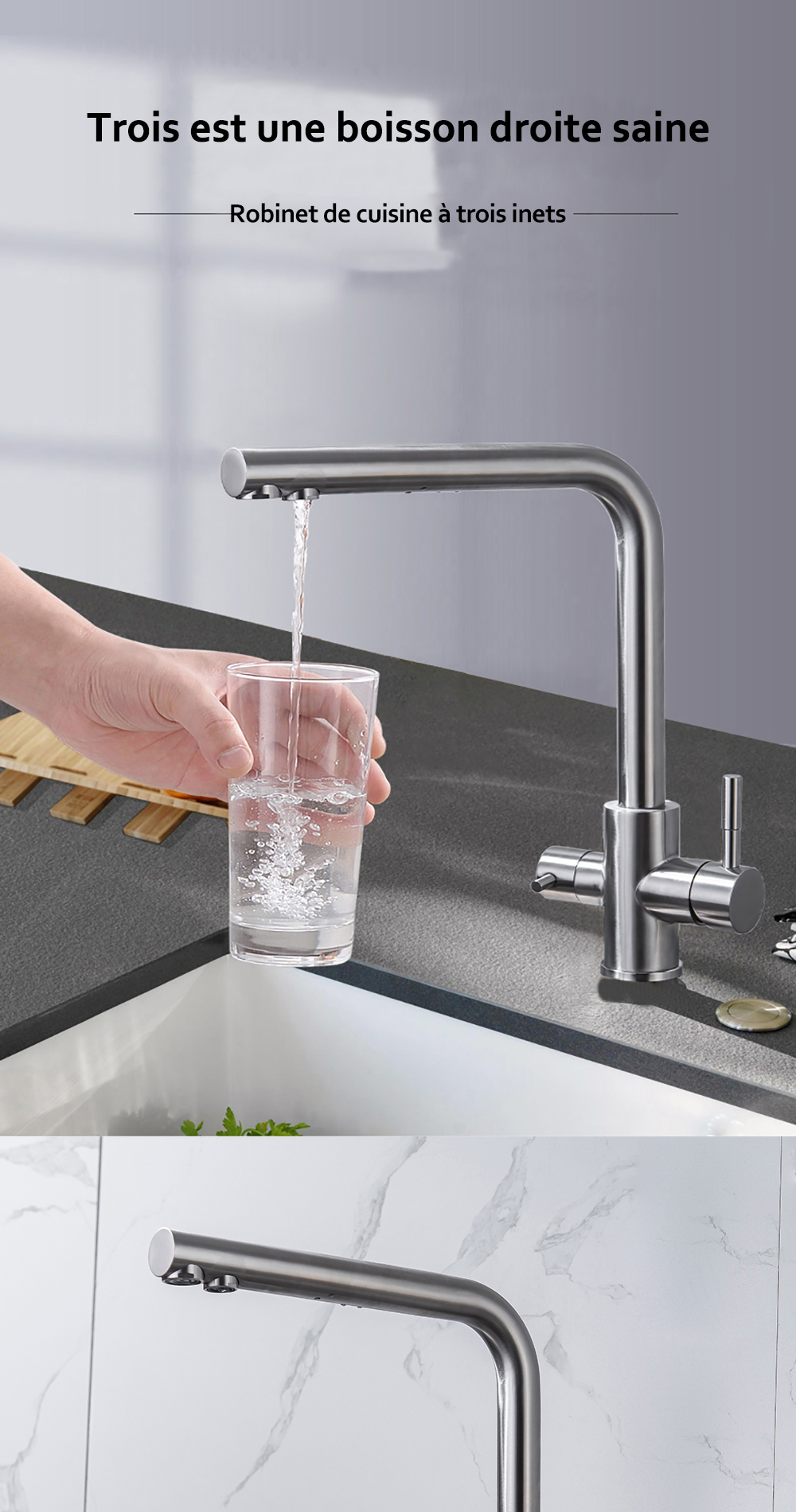 DQOK – robinet de Purification d'eau filtrée, robinet de cuisine à double poignée, robinet d'évier de cuisine