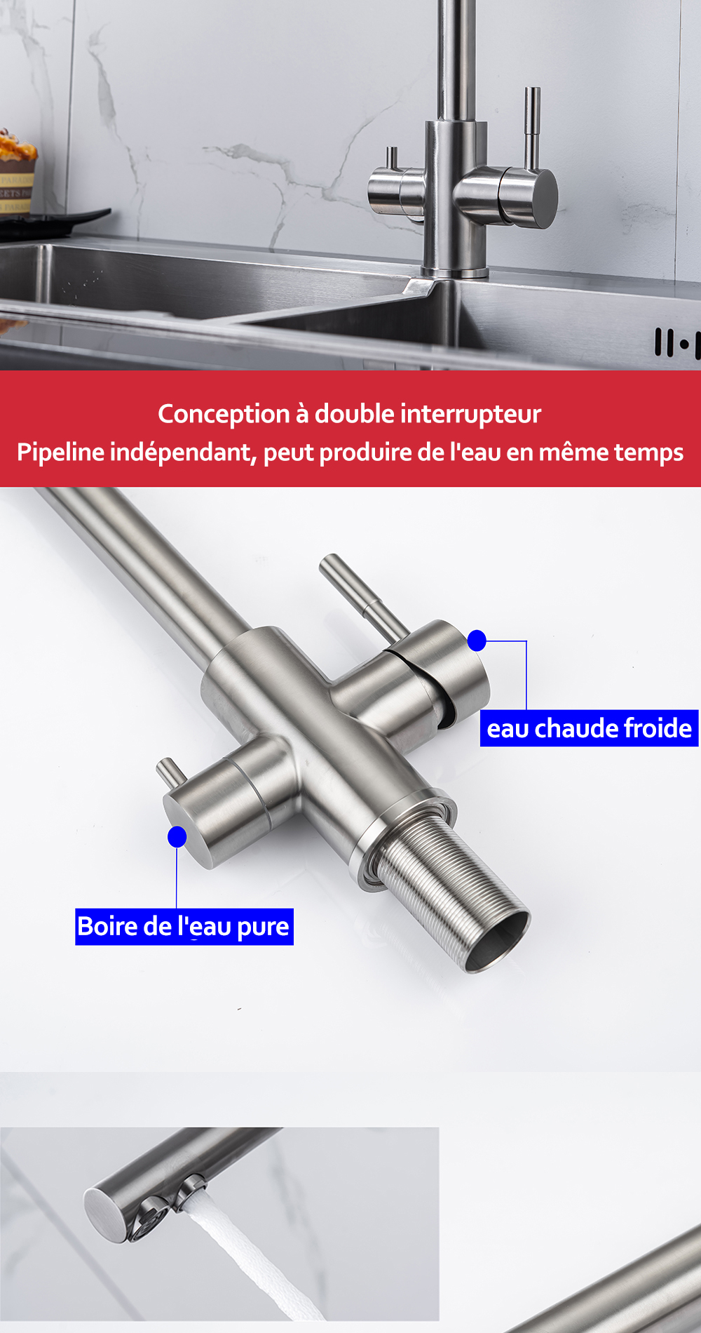 DQOK – robinet de Purification d'eau filtrée, robinet de cuisine à double poignée, robinet d'évier de cuisine