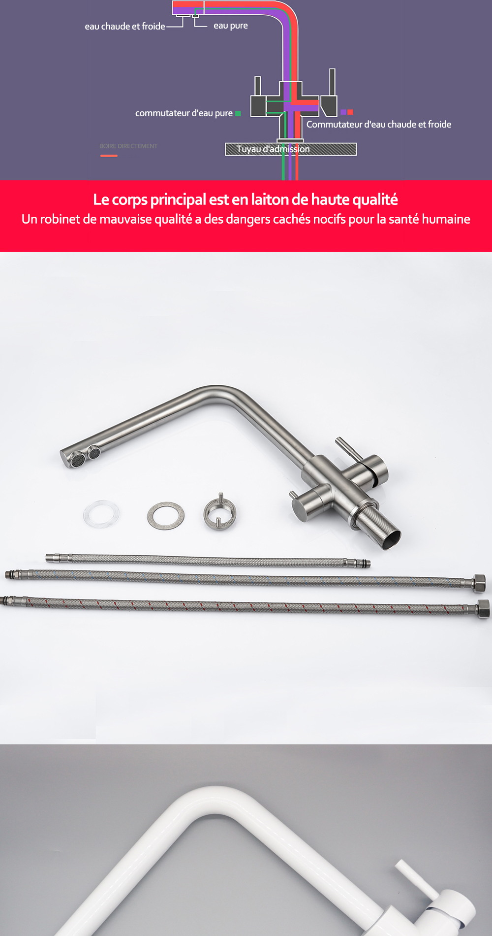 DQOK – robinet de Purification d'eau filtrée, robinet de cuisine à double poignée, robinet d'évier de cuisine