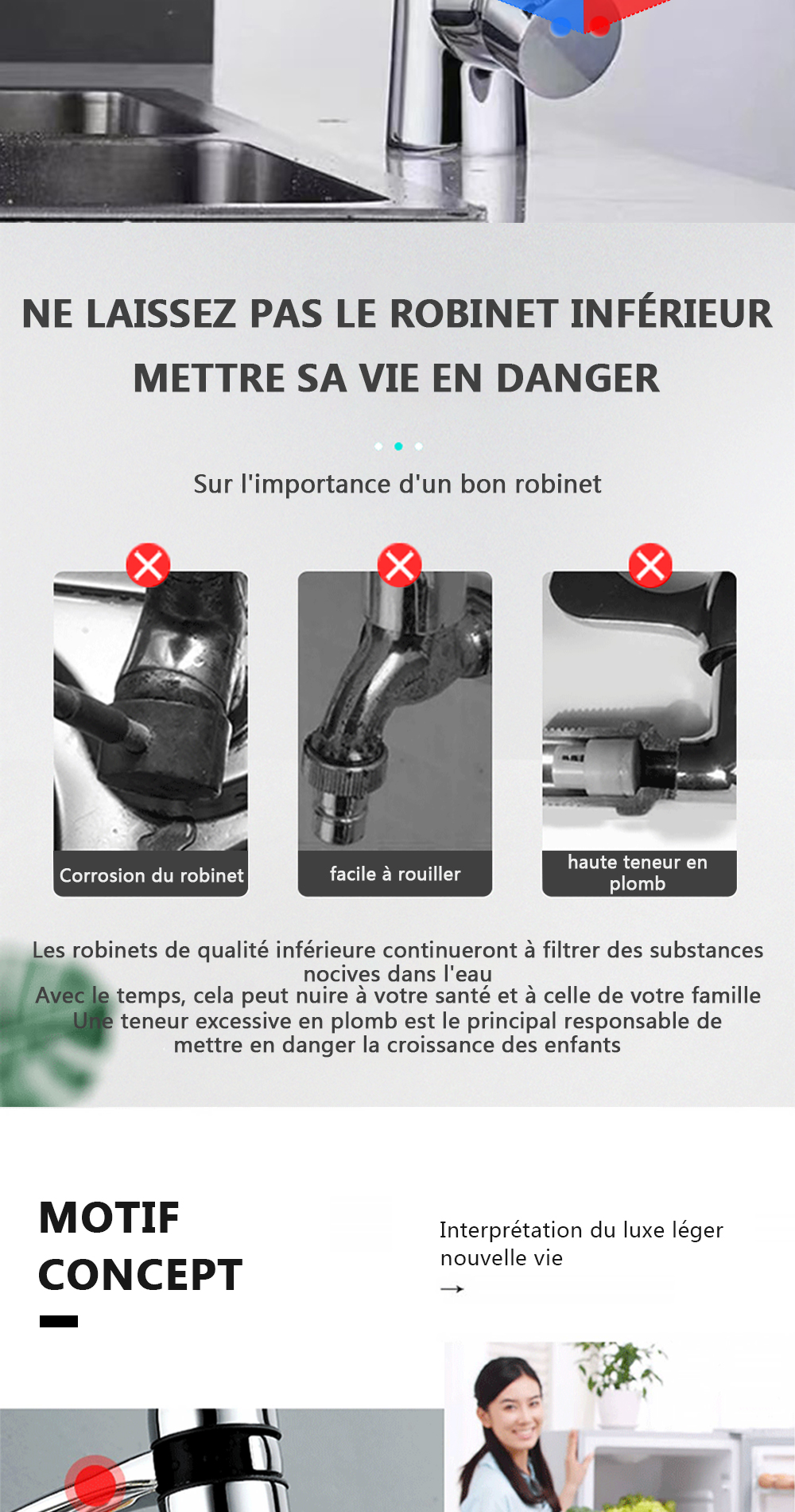 DQOK – robinet de Purification d'eau filtrée, robinet de cuisine à double poignée, robinet d'évier de cuisine