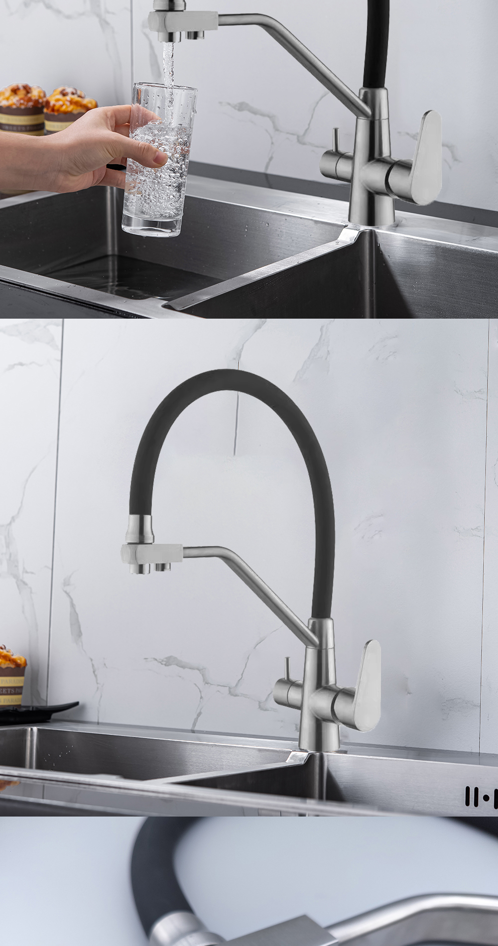 DQOK – robinet de Purification d'eau filtrée, robinet de cuisine à double poignée, robinet d'évier de cuisine