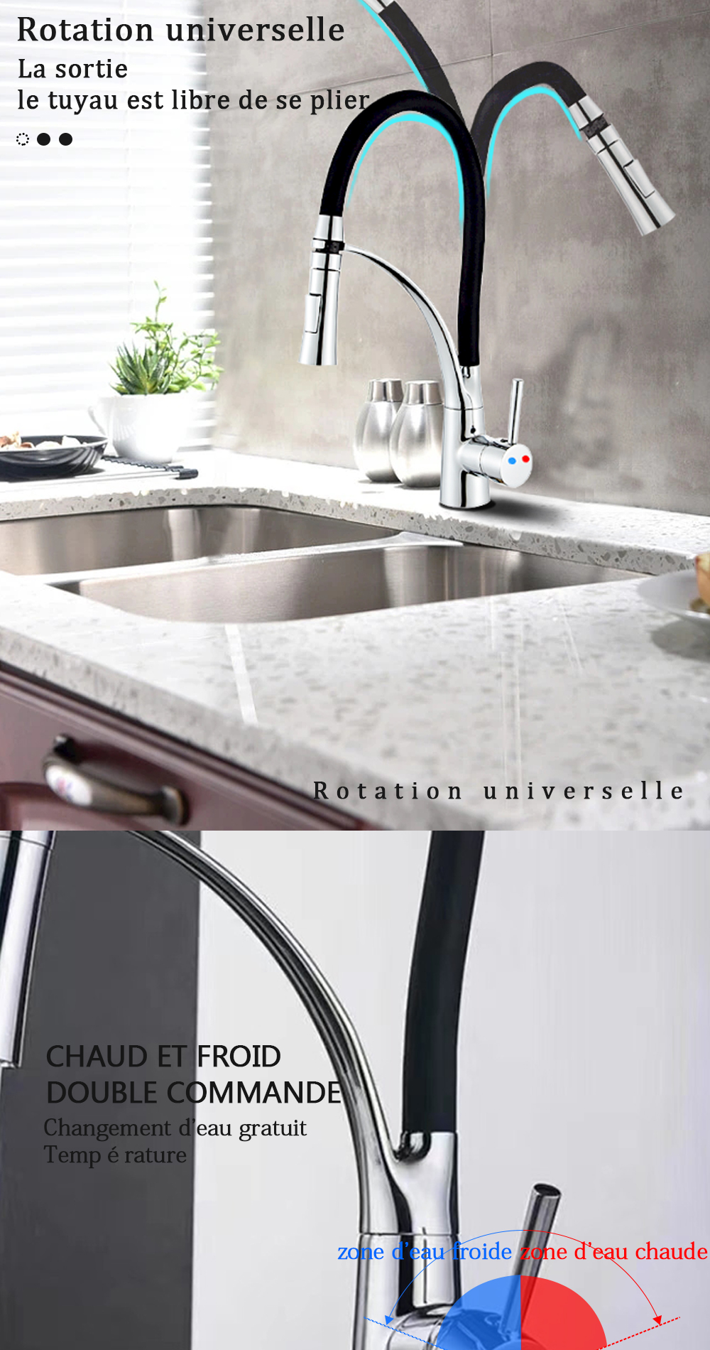 DQOK – robinet de Purification d'eau filtrée, robinet de cuisine à double poignée, robinet d'évier de cuisine