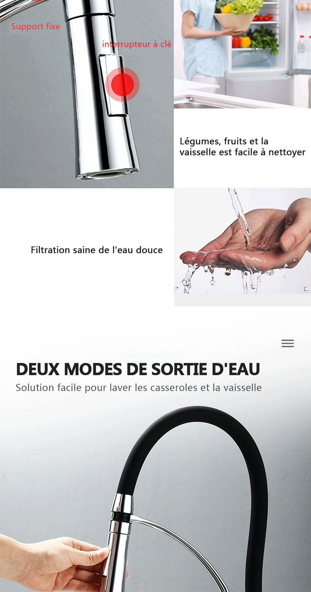 DQOK – robinet de Purification d'eau filtrée, robinet de cuisine à double poignée, robinet d'évier de cuisine