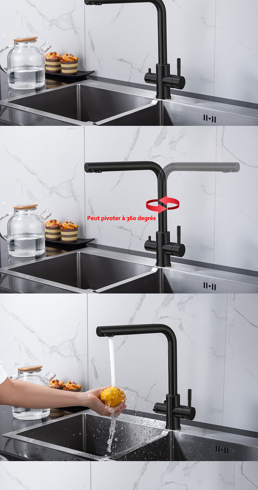 DQOK – robinet de Purification d'eau filtrée, robinet de cuisine à double poignée, robinet d'évier de cuisine