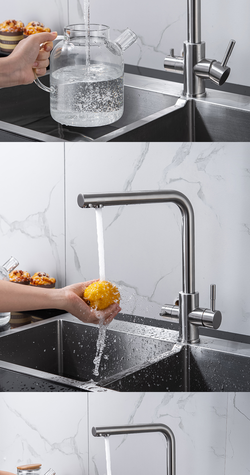 DQOK – robinet de Purification d'eau filtrée, robinet de cuisine à double poignée, robinet d'évier de cuisine