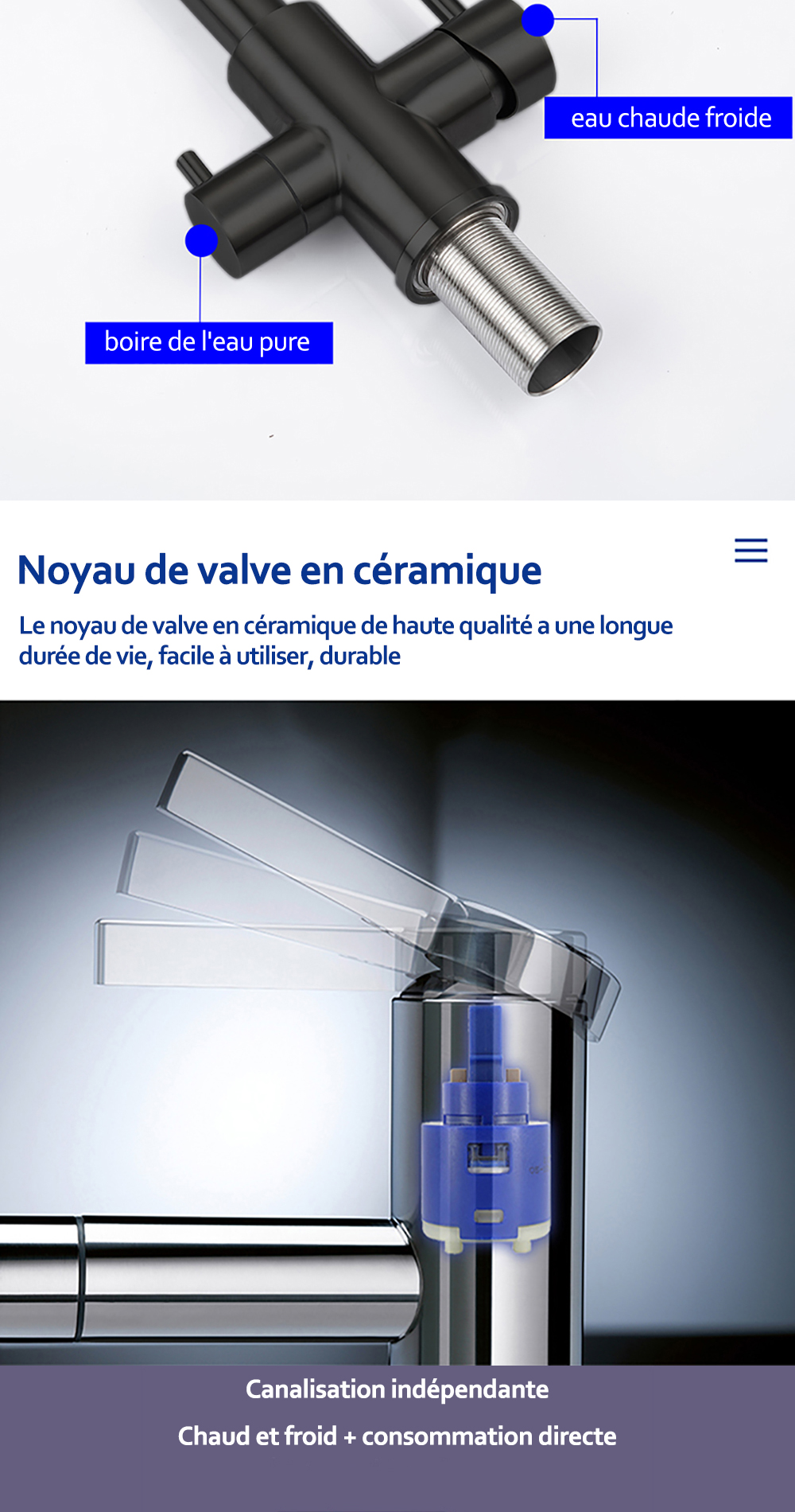 DQOK – robinet de Purification d'eau filtrée, robinet de cuisine à double poignée, robinet d'évier de cuisine