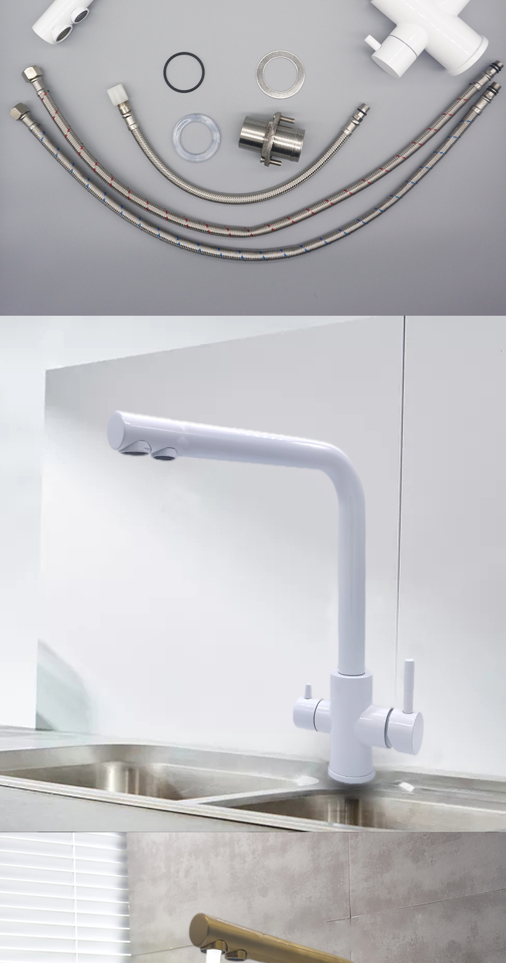 DQOK – robinet de Purification d'eau filtrée, robinet de cuisine à double poignée, robinet d'évier de cuisine