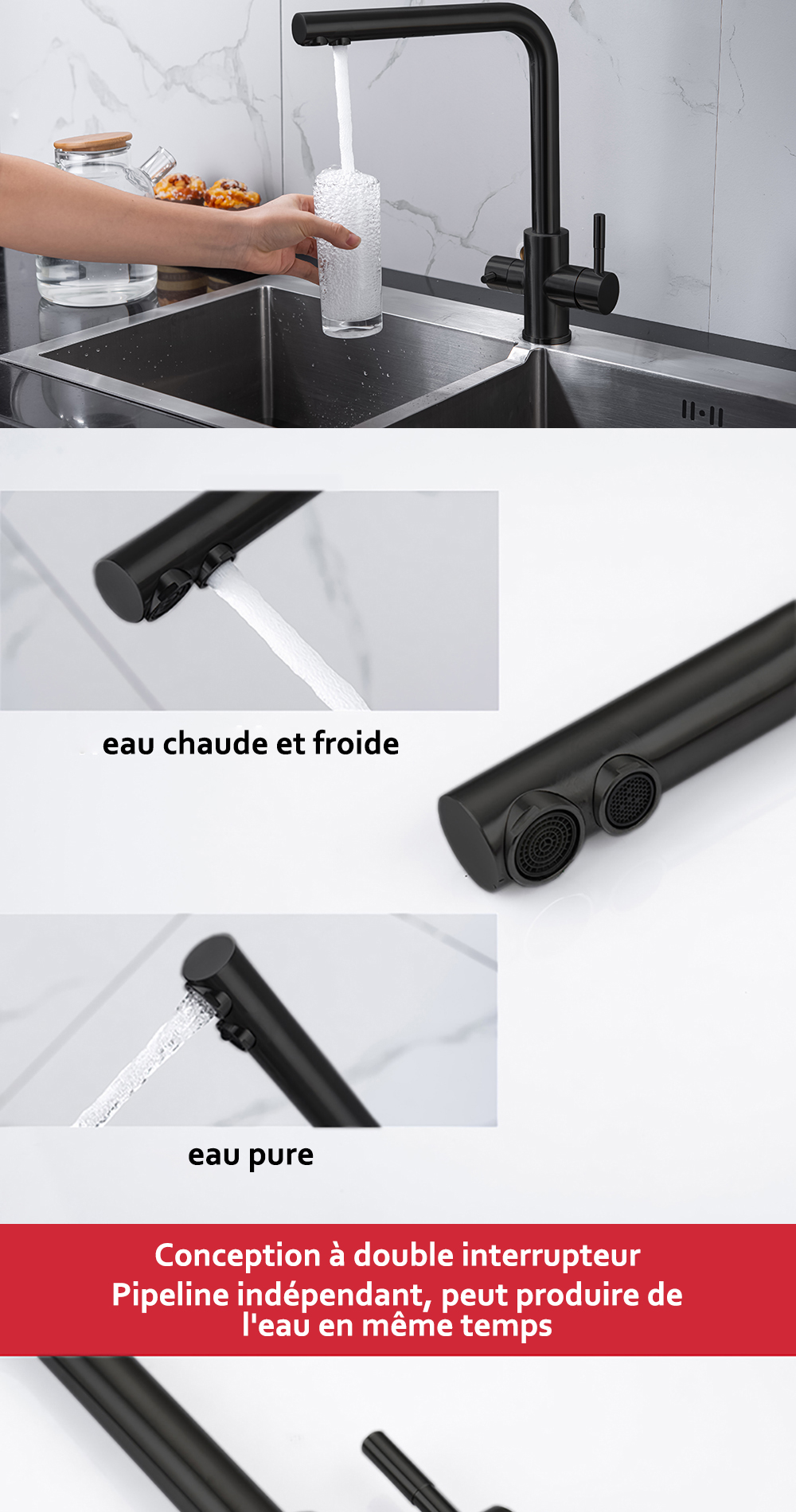 DQOK – robinet de Purification d'eau filtrée, robinet de cuisine à double poignée, robinet d'évier de cuisine