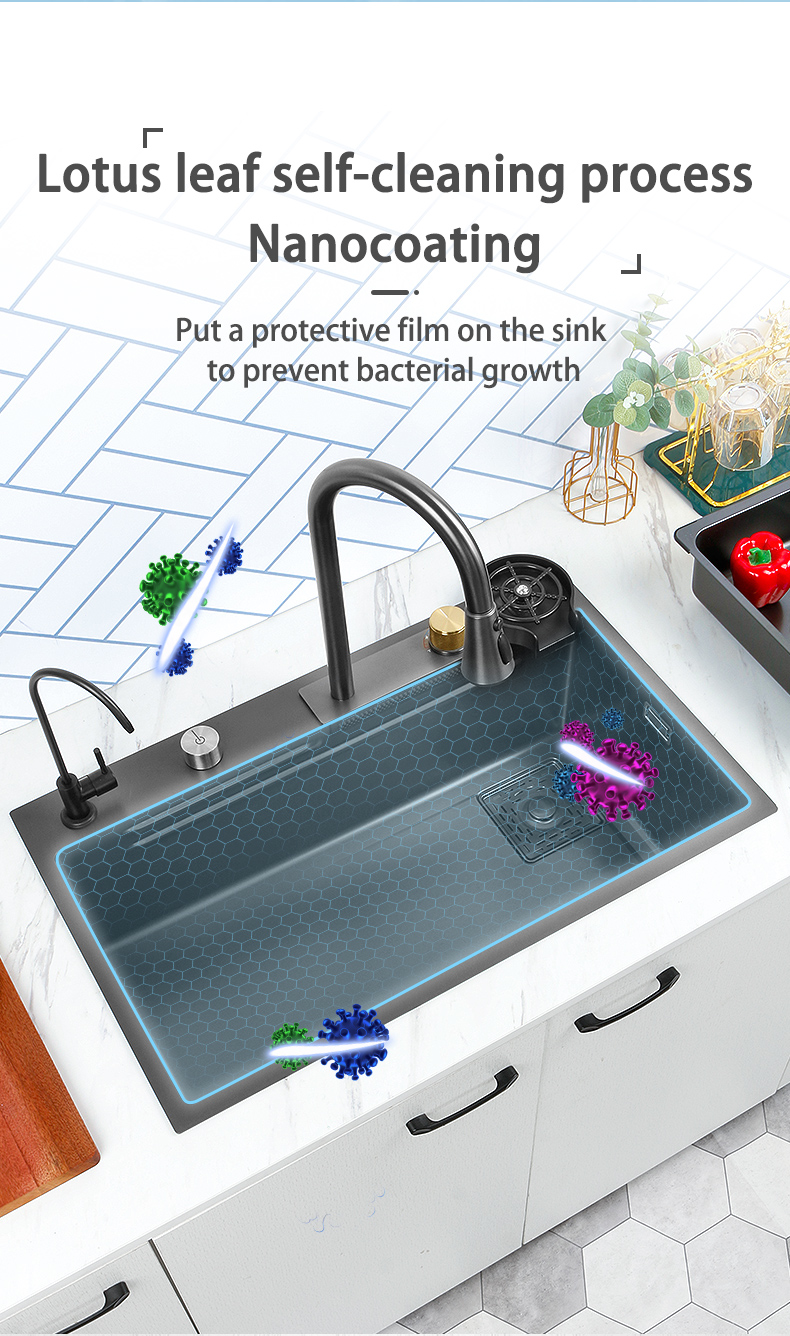 Nouveau évier de cuisine cascade en acier inoxydable 304 nanomètre noir 3mm d'épaisseur grand robinet à fente unique au-dessus du robinet à cascade
