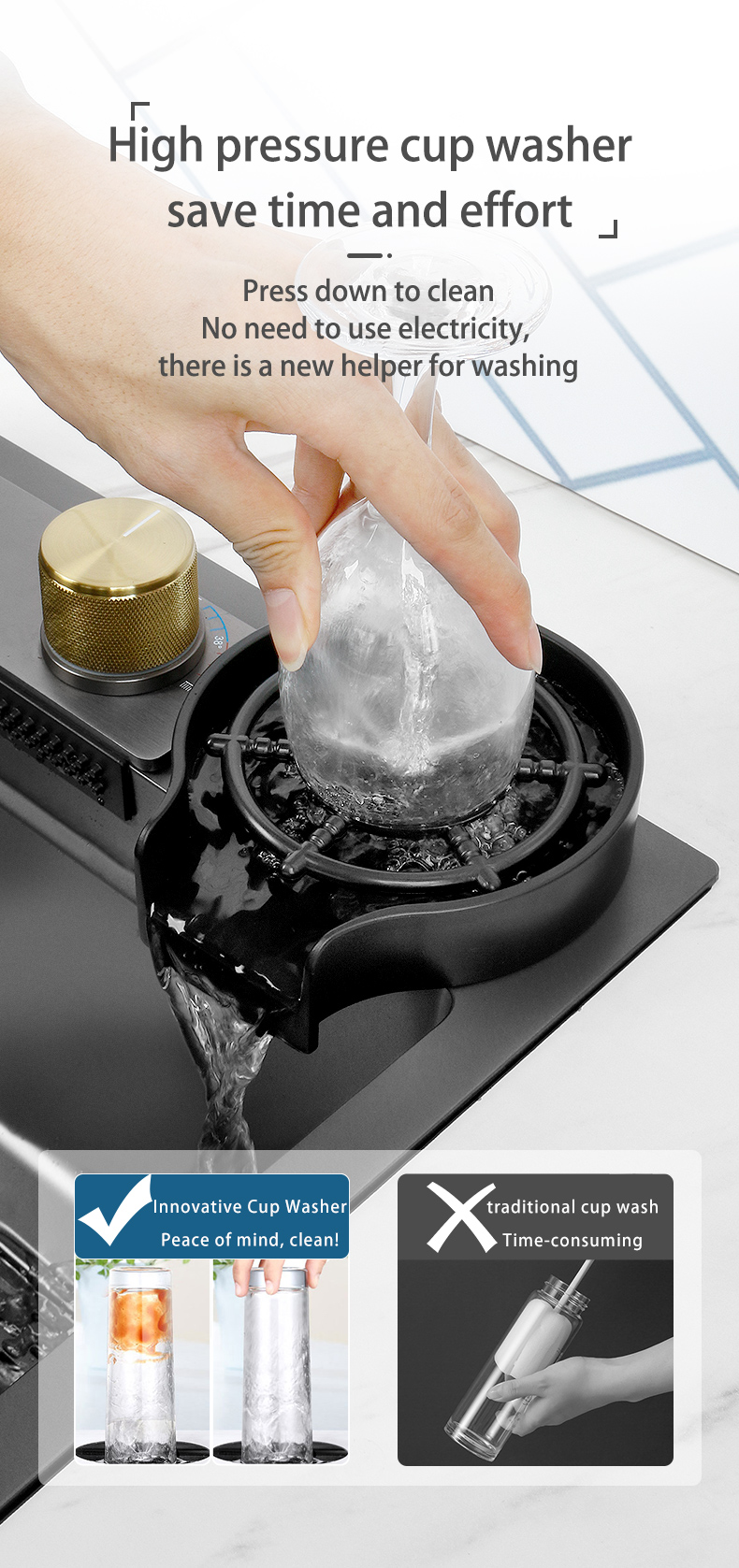 Nouveau évier de cuisine cascade en acier inoxydable 304 nanomètre noir 3mm d'épaisseur grand robinet à fente unique au-dessus du robinet à cascade