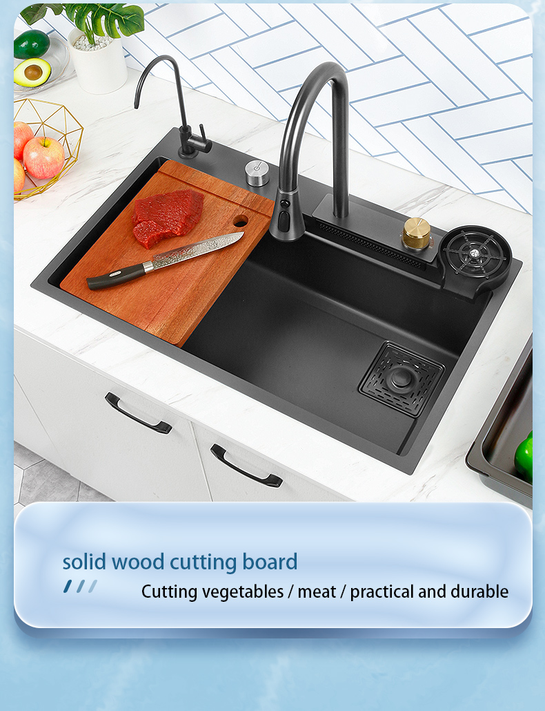 Nouveau évier de cuisine cascade en acier inoxydable 304 nanomètre noir 3mm d'épaisseur grand robinet à fente unique au-dessus du robinet à cascade