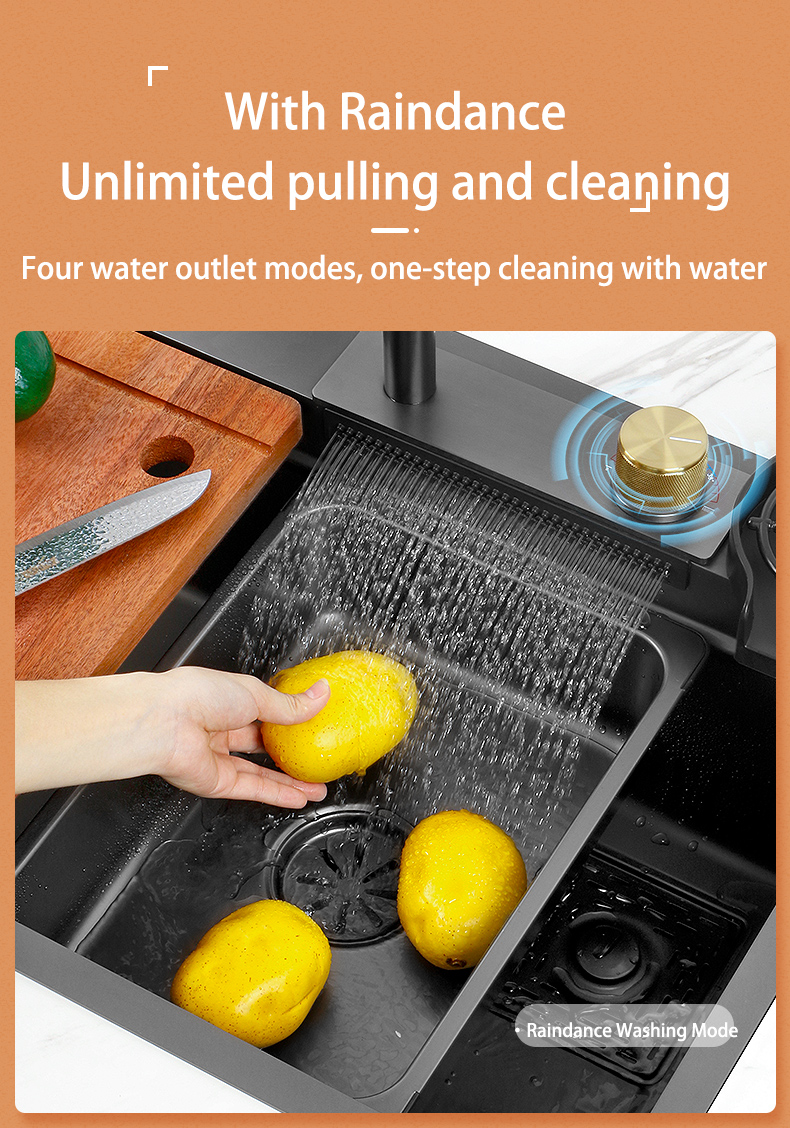 Nouveau évier de cuisine cascade en acier inoxydable 304 nanomètre noir 3mm d'épaisseur grand robinet à fente unique au-dessus du robinet à cascade