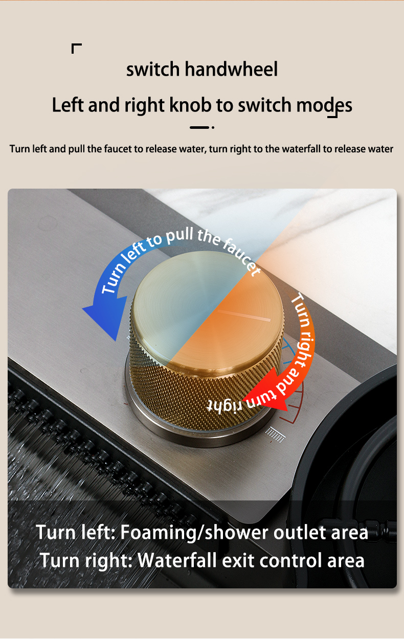 Nouveau évier de cuisine cascade en acier inoxydable 304 nanomètre noir 3mm d'épaisseur grand robinet à fente unique au-dessus du robinet à cascade