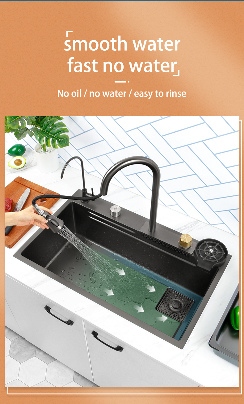 Nouveau évier de cuisine cascade en acier inoxydable 304 nanomètre noir 3mm d'épaisseur grand robinet à fente unique au-dessus du robinet à cascade