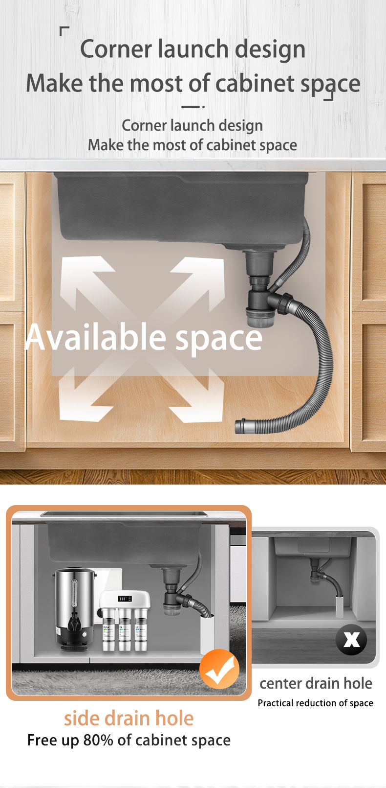 Nouveau évier de cuisine cascade en acier inoxydable 304 nanomètre noir 3mm d'épaisseur grand robinet à fente unique au-dessus du robinet à cascade