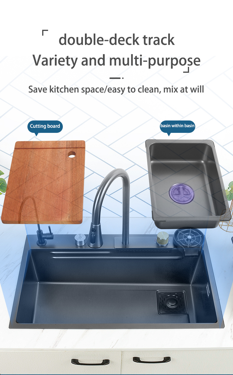 Nouveau évier de cuisine cascade en acier inoxydable 304 nanomètre noir 3mm d'épaisseur grand robinet à fente unique au-dessus du robinet à cascade