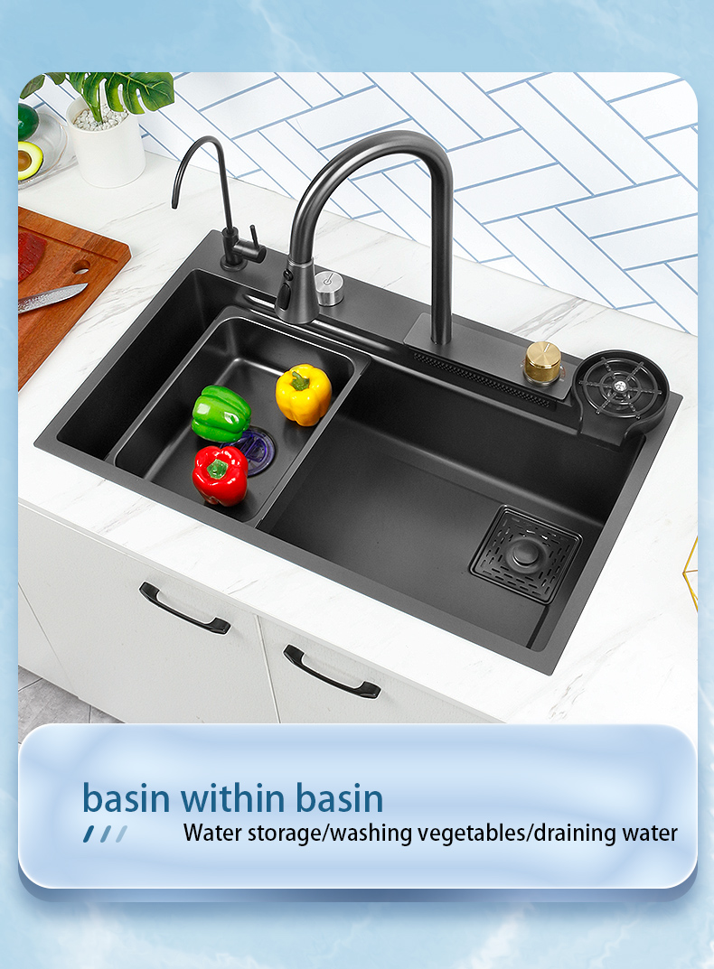 Nouveau évier de cuisine cascade en acier inoxydable 304 nanomètre noir 3mm d'épaisseur grand robinet à fente unique au-dessus du robinet à cascade