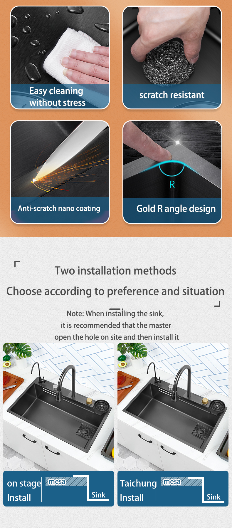 Nouveau évier de cuisine cascade en acier inoxydable 304 nanomètre noir 3mm d'épaisseur grand robinet à fente unique au-dessus du robinet à cascade