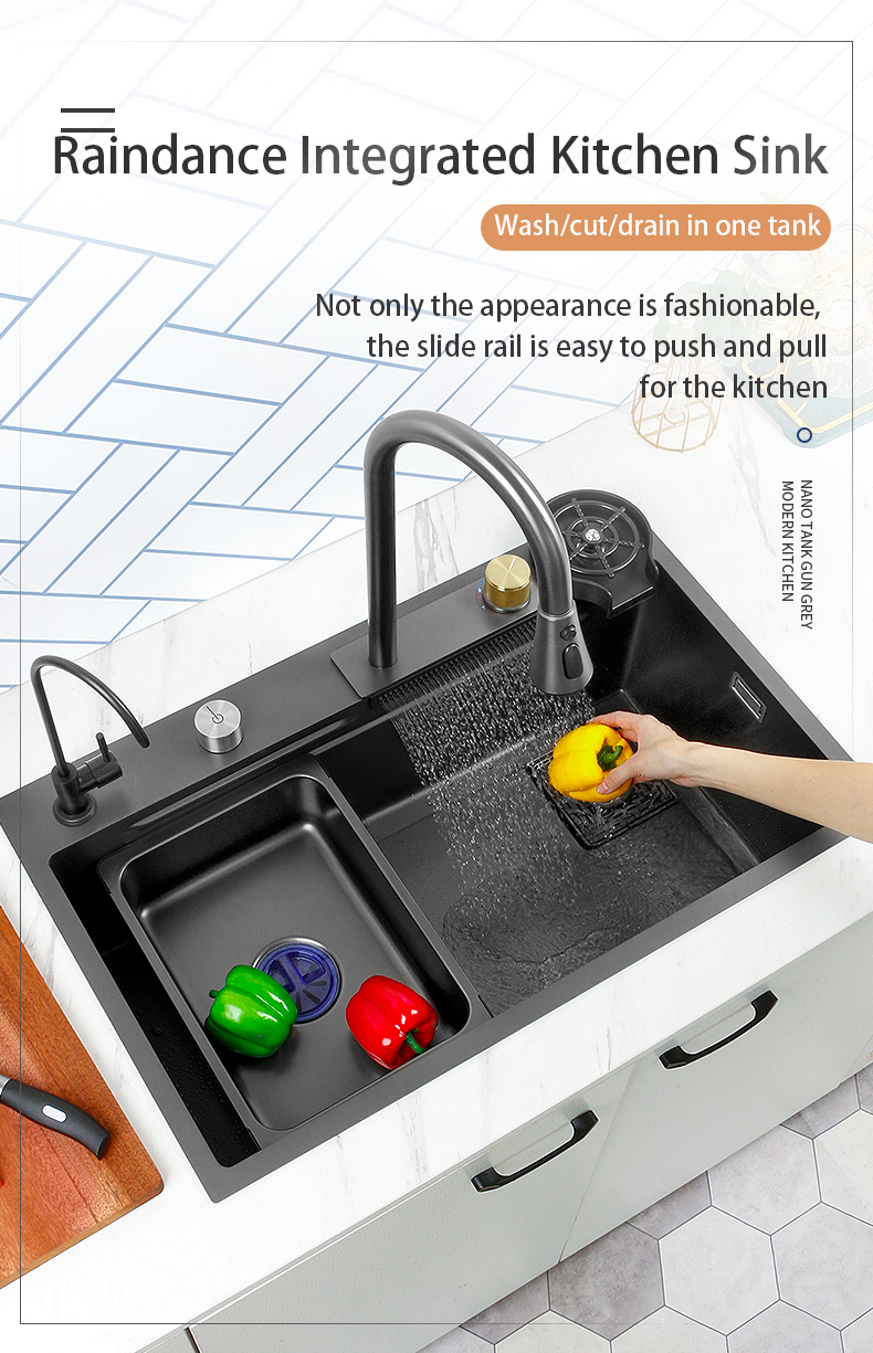 Nouveau évier de cuisine cascade en acier inoxydable 304 nanomètre noir 3mm d'épaisseur grand robinet à fente unique au-dessus du robinet à cascade