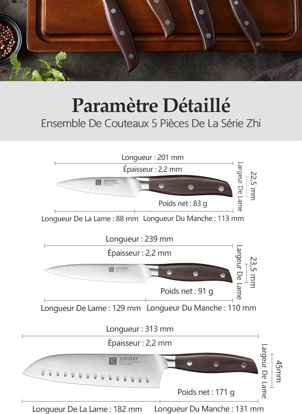 XINZUO couteau de Chef utilitaire de haute qualité 3.5 + 5 + 8 + 8 + 8 "Paring Cleaver allemagne 1.4116 acier inoxydable 1 pièce 5 pièces ensembles de couteaux de cuisine