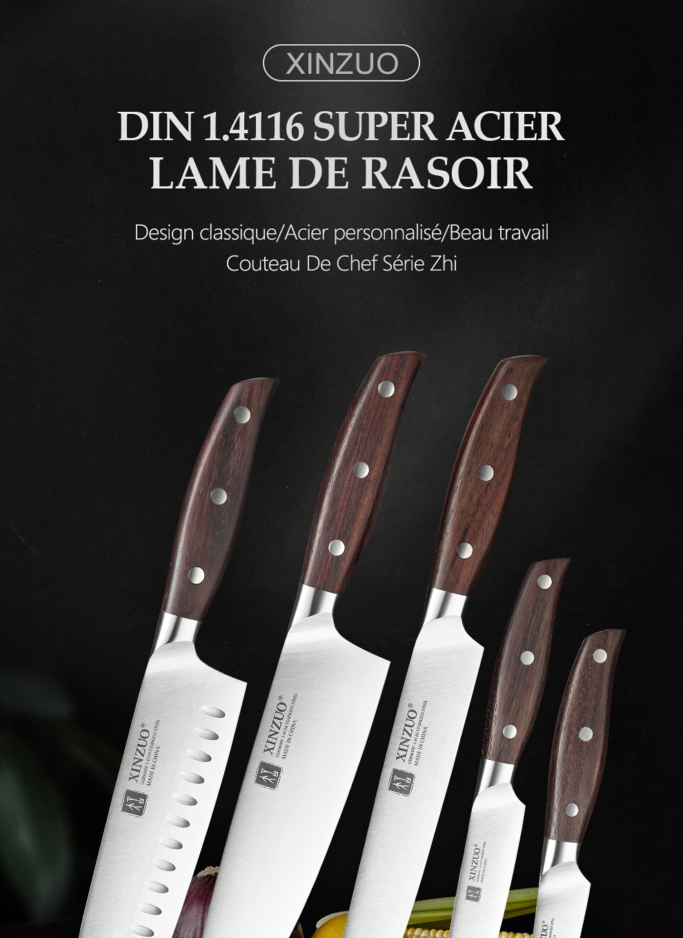 XINZUO couteau de Chef utilitaire de haute qualité 3.5 + 5 + 8 + 8 + 8 "Paring Cleaver allemagne 1.4116 acier inoxydable 1 pièce 5 pièces ensembles de couteaux de cuisine