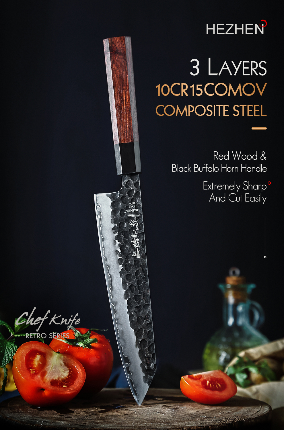 HEZHEN – couteau de Chef 3 couches,