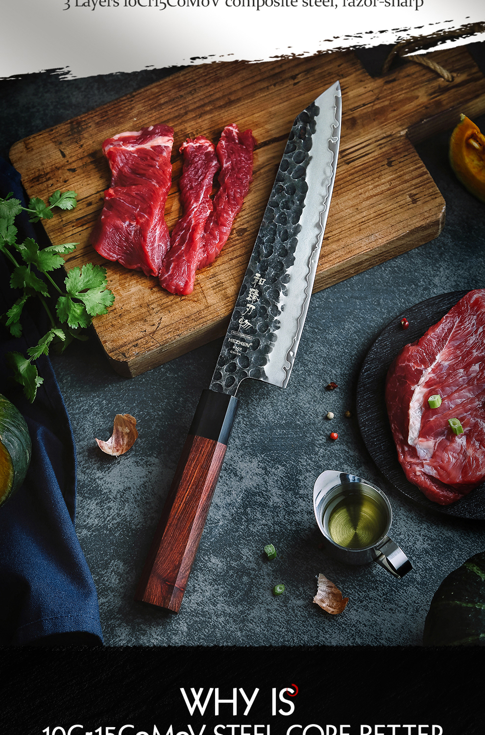 HEZHEN – couteau de Chef 3 couches,