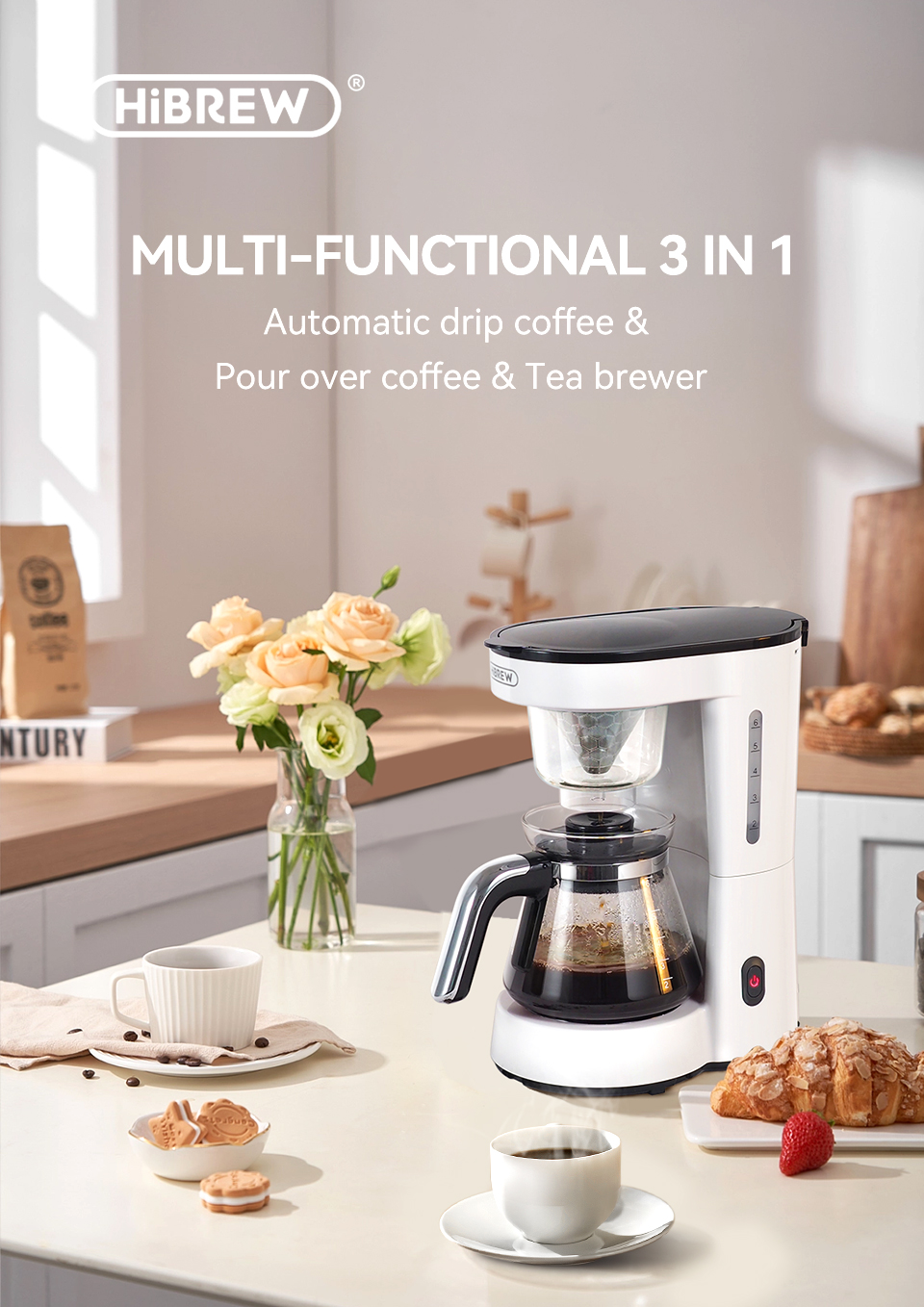HiBREW – Machine à café 3 en 1 amérique, 750ML, H12, goutte-à-goutte, Pour verser sur la théière en verre