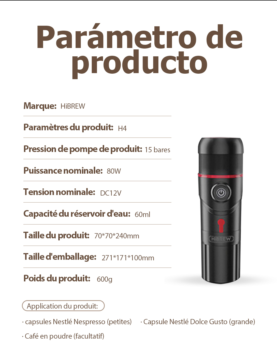 Machine à café Portable HiBREW pour voiture et maison, cafetière Expresso cc 12v pour Capsule de café en poudre H4 nespresso Dolce Pod