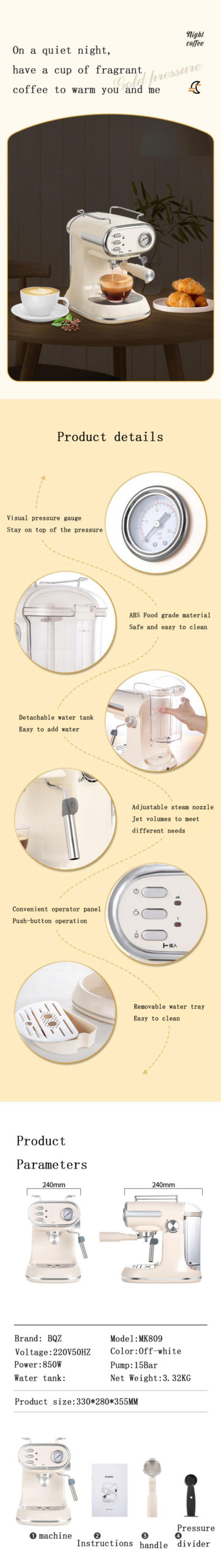 BQZ – Machine à café italienne Vintage, 15 bars, semi-automatique, pour la maison, expresso, avec Cappuccino, Latte et moka