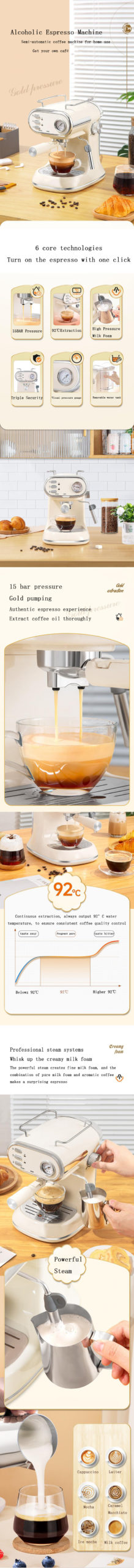 BQZ – Machine à café italienne Vintage, 15 bars, semi-automatique, pour la maison, expresso, avec Cappuccino, Latte et moka