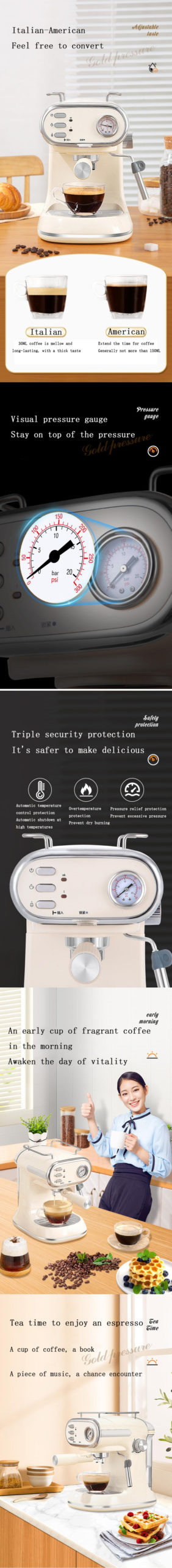 BQZ – Machine à café italienne Vintage, 15 bars, semi-automatique, pour la maison, expresso, avec Cappuccino, Latte et moka