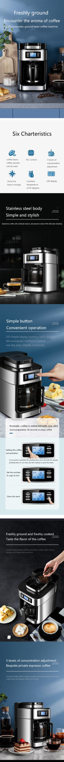 BQZ Mode Cafetière Machine Maison et Cuisine Automatique LED affichage Broyeur de Grains De Café Américain Machine Expresso Café Thé