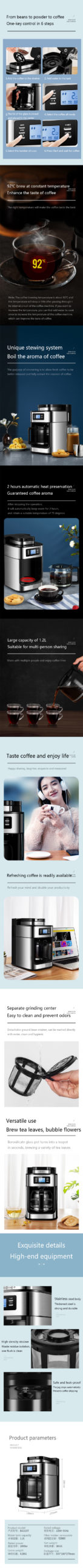 BQZ Mode Cafetière Machine Maison et Cuisine Automatique LED affichage Broyeur de Grains De Café Américain Machine Expresso Café Thé